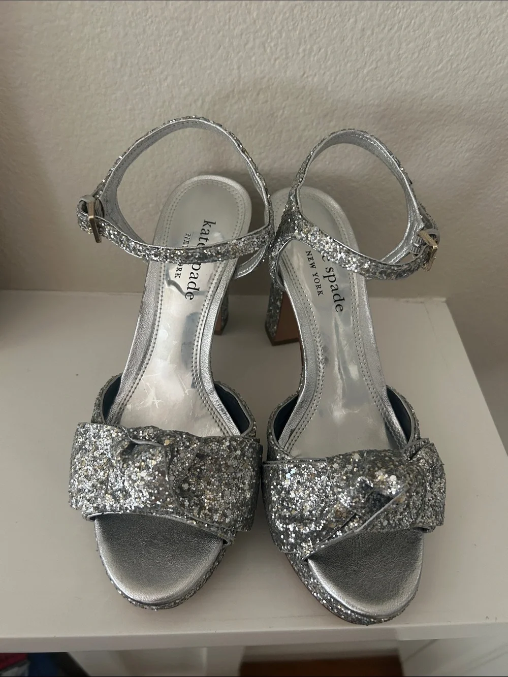 Kate Spade Miya Silver Glitter Bow Platform Sandal with Ankle Strap